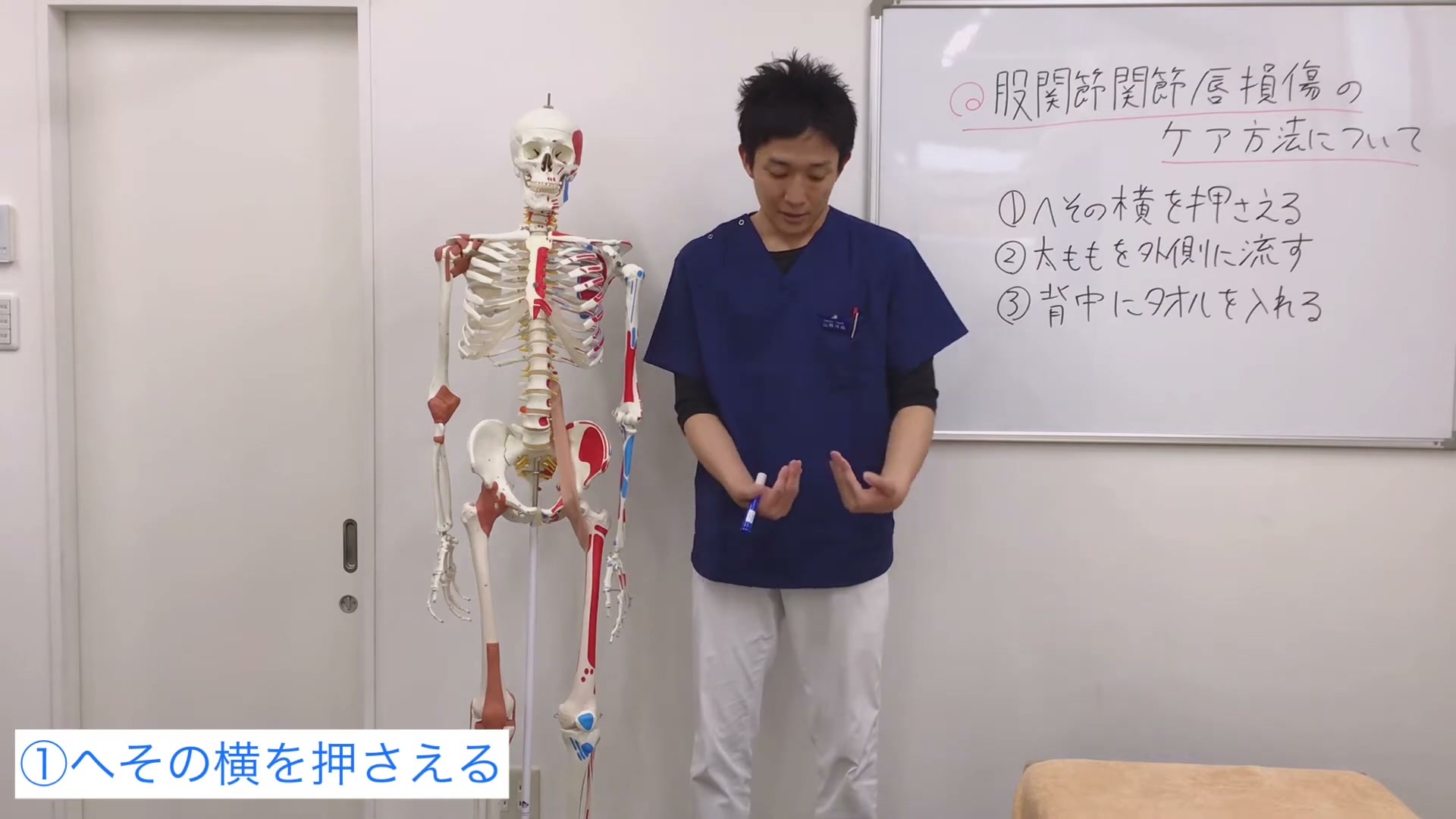 へその横(大腰筋)を押さえるセルフケアの位置を骨格模型で示す様子